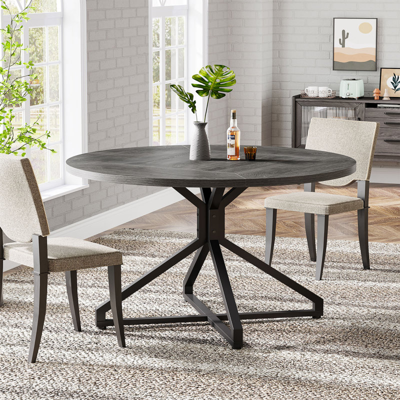 47-Inch Gray Wood Round Dining Table with Metal Pedestal Base
