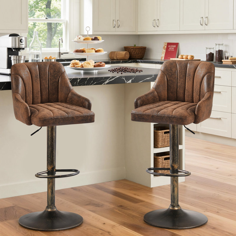 Ensemble de 2 tabourets de bar George, tabourets de bar pivotants réglables, chaises de bar en similicuir, tabouret à hauteur de comptoir rembourrée avec dossier haut pour îlot de cuisine, brun