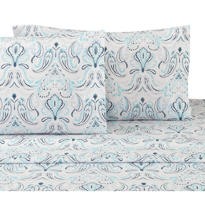 100% Cotton Percale Paisley Sheet Set, Queen Sheet Set + 1 Fitted Sheet + 2 Pillowcases