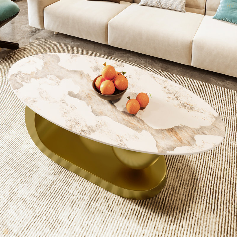 Table basse moderne ovale pour le salon, plateau de table en pierre frittée à motif marbré avec base en acier inoxydable doré