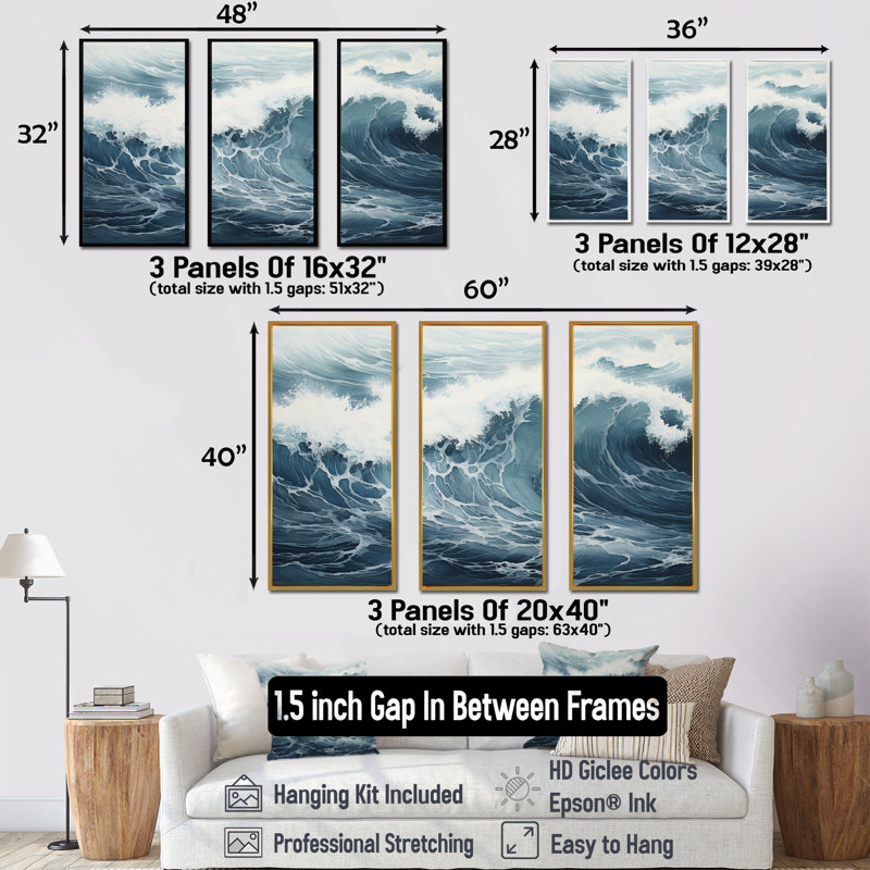 Minimalisme océan tempête I - ensemble d'art mural sur toile océan, Cadre flottant doré, H 40 po x l 60 po x P 1 po
