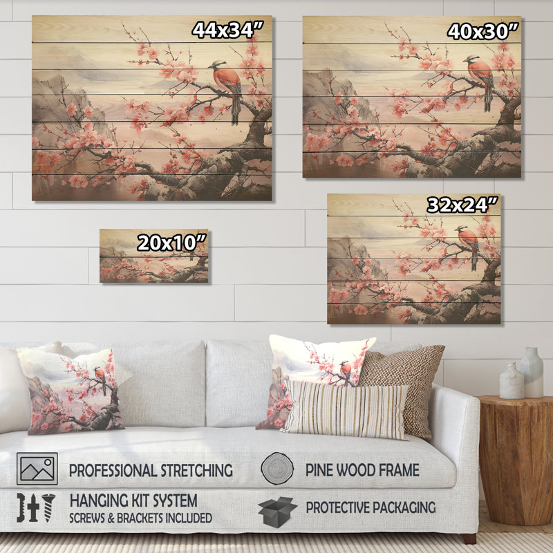 Oiseaux roses et bleus sur un cerisier en fleurs I - oiseau sur bois, H 34 po x l 44 po x P 0,78 po