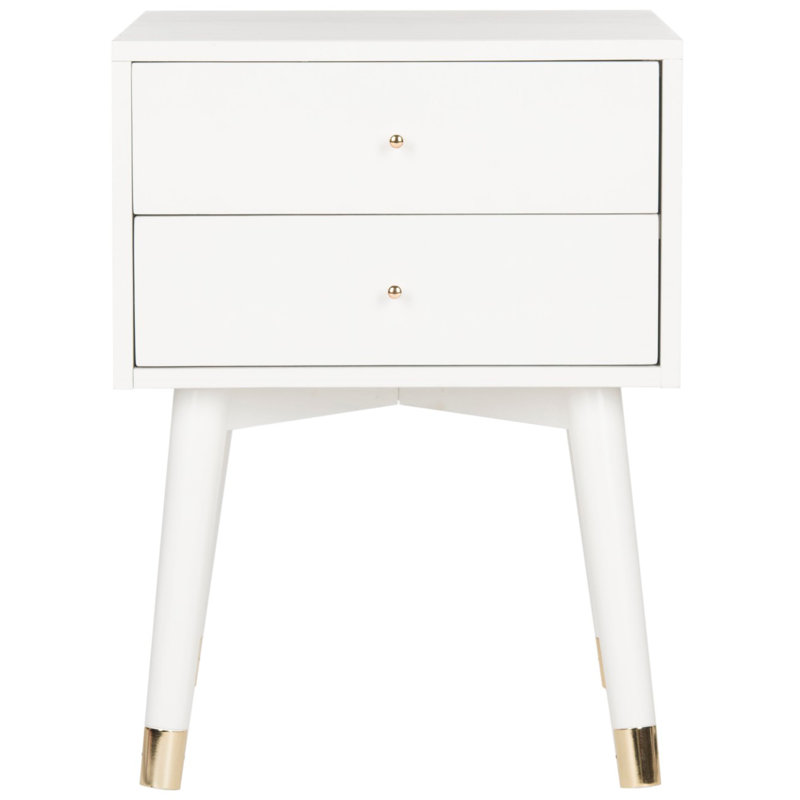 White Mid-Century Modern 2-Drawer Nightstand with Gold Accents
