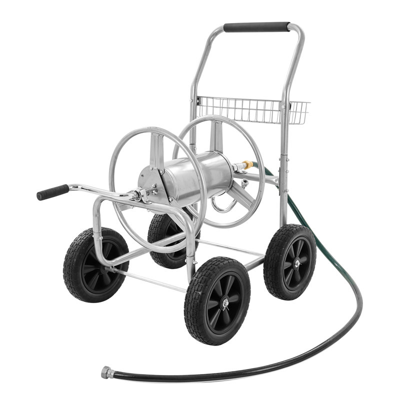 Heavy Duty Silver Steel Garden Hose Reel Cart with Storage Basket