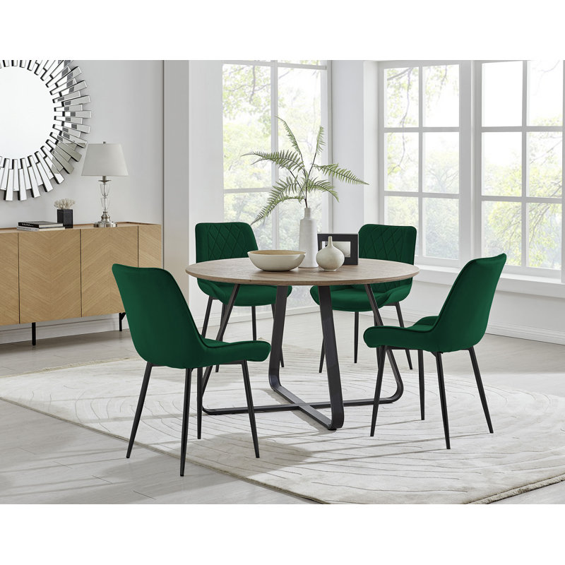 Venedocia Round Wood Effect Dining Table & 4 Luxury Velvet Dining Chairs, Green/Black