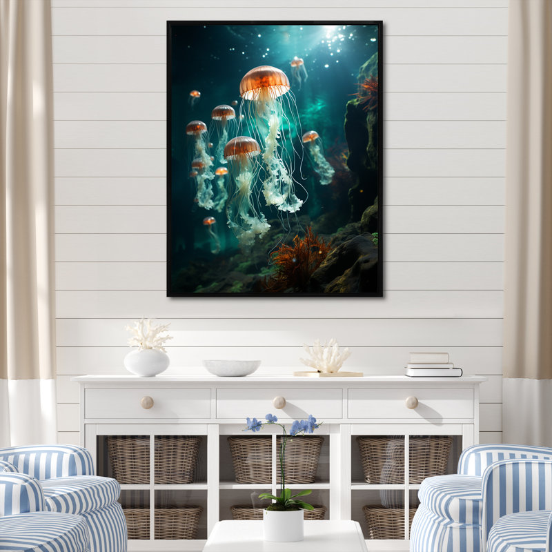 «Green Jellyfish Family» sur toile, H 32 po x l 16 po x P 1 po, Cadre flottant noir