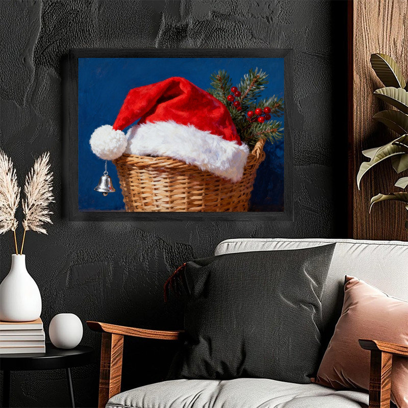 Reproduction d'art encadré noir, nature morte, chapeau de père Noël rétro, H 9 po x l 11 po