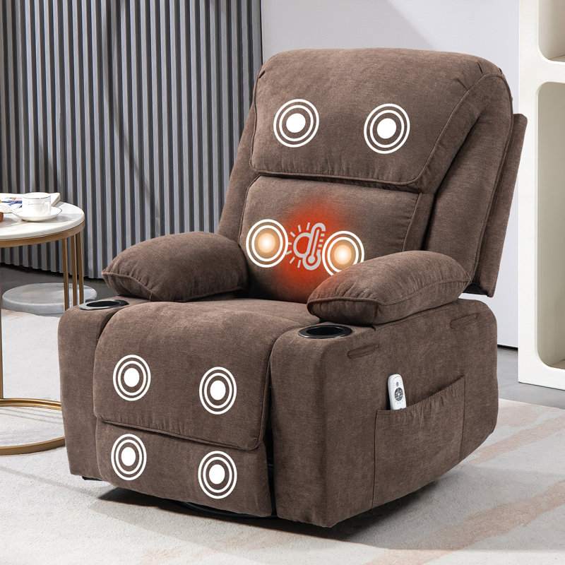 Fauteuil inclinable, pivotant et berçant moderne avec chauffage et massage (brun), Brun, Tissu