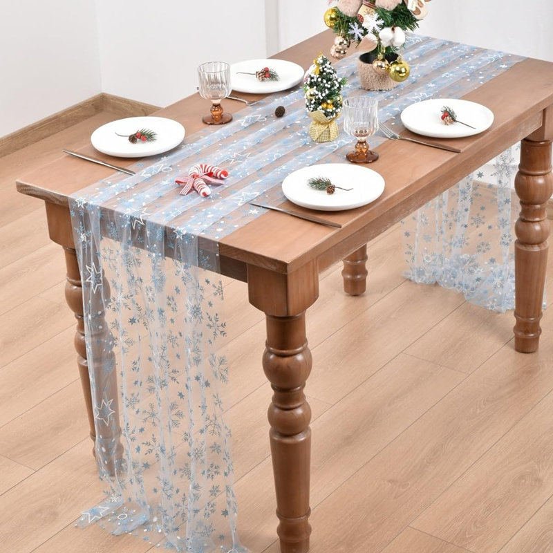 Blue Christmas Snowflake Gauze Table Runner Glitter Metallic Foil 10Ft Seasonal Sheer Tulle Table Runner For Winter Festival Holiday Home Table Decor