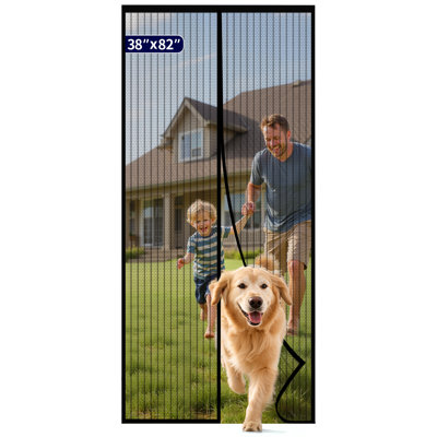 Magnetic Screen Door - 38.0 x 82.0'' Retractable Screen Door Mesh for Front Door or Sliding Door, Pet & Kid Friendly, Hands-Free Closure Keeps Bugs Out & Lets Breeze in, Stripe Black