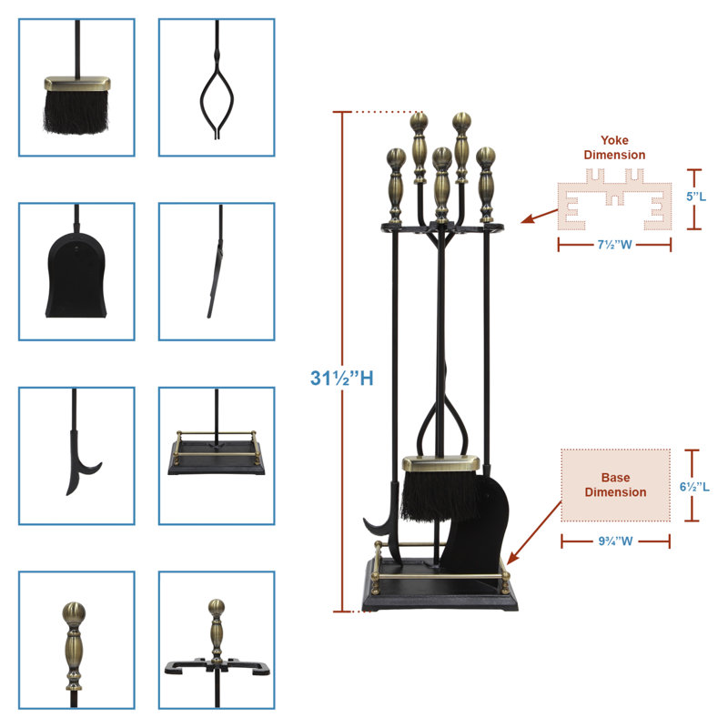 Ensemble d'outils de foyer en fer Verrett, Laiton antique / noir, H 30,50 po x l 6,75 po x P 9,75 po