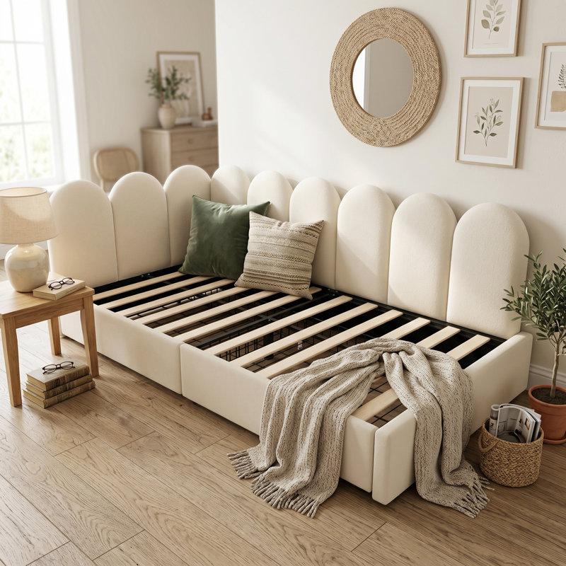 Upholstered Daybed with 2 Drawer, Beige