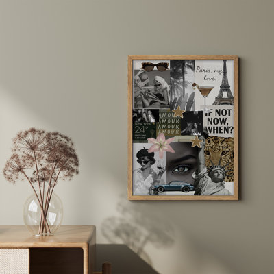 Framed Paris and New York Travel Collage Wall Art, Retro-Inspired Photographic and Graphic Design Print in Contemporary Style for Living Room or Entryway, Perfect for Glam or Modern Interiors Decor