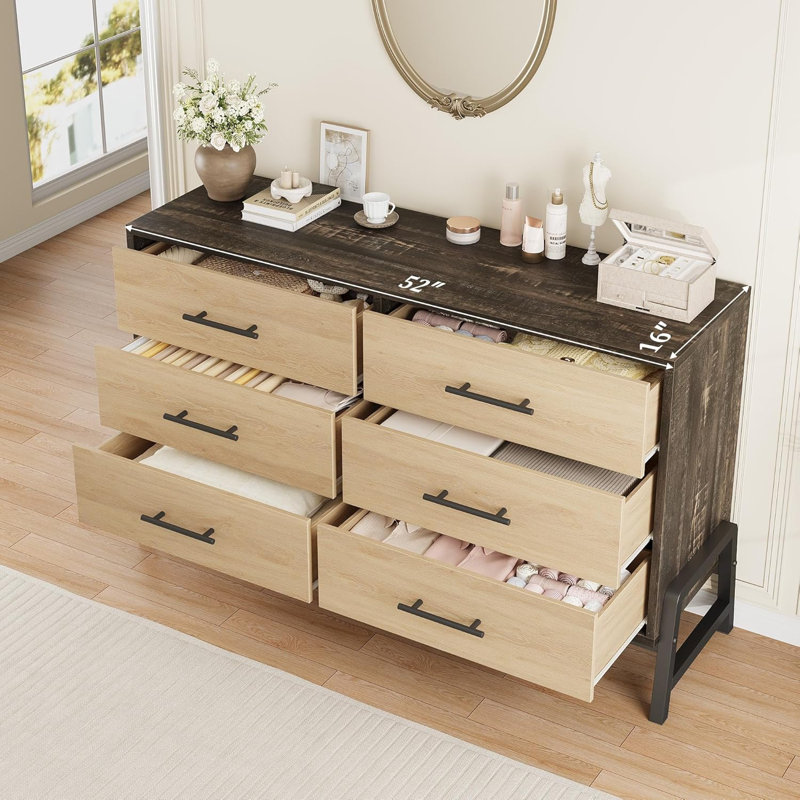 6-Drawer Dresser, Freestanding Wood Storage Chest for Bedroom, Living Room & Entryway, Black&Natural
