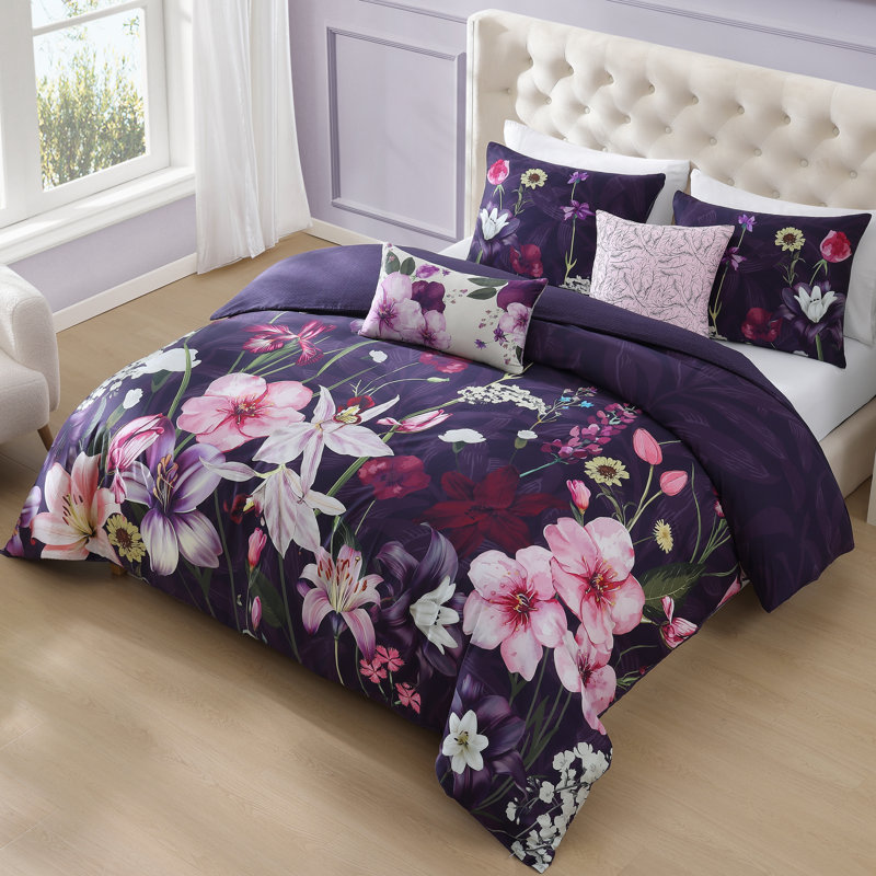 Ensemble d'édredon réversible 100% satin de coton 5 pièces Bebejan Morning Glory, Grand lit