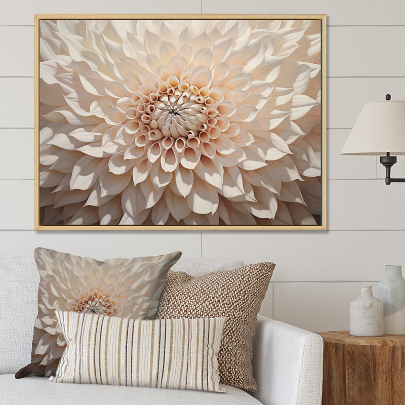 Minimalisme beige Dahlia II sur toile, Cadre flottant blanc, H 34 po x l 44 po x P 1,5 po