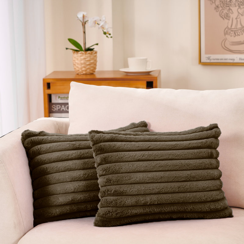 Striped Faux Fur Reversible Pillow Cover, Dark Coffee