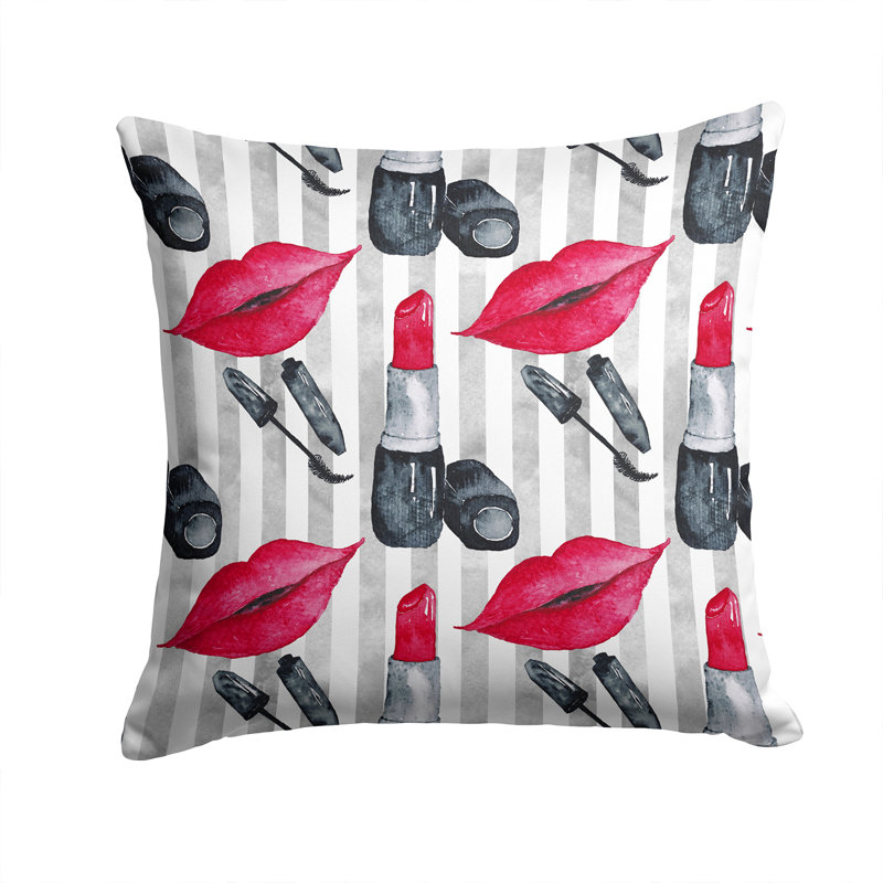  Coussin extérieur rouge à lèvres et rayures, 14 po x 14 po