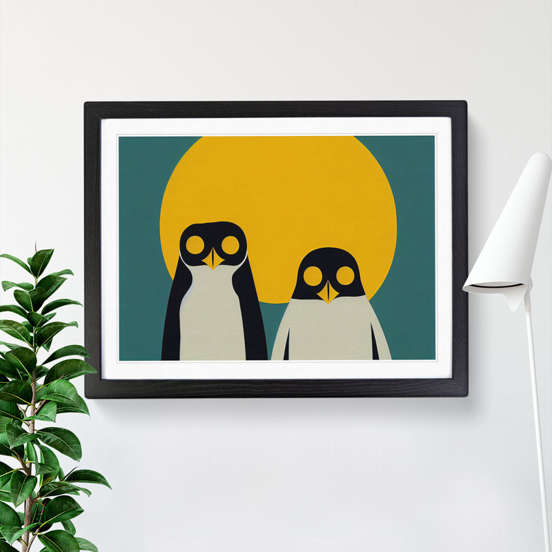 XH1022-9259X Two Abstract Penguins - Single Picture Frame Print, Black Framed, 46cm H x 64cm W x 2cm D