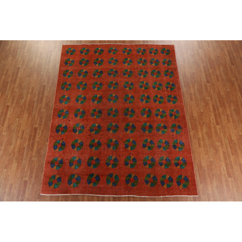 Tapis orange en laine noué à la main de conception unique de style années 1950 8 pi 9 po x 11 pi 2 po Savita