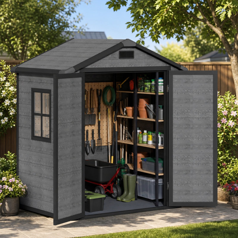 Remise de rangement extérieure en résine avec plancher, porte verrouillable et fenêtres, remise à outils imperméable en plastique toutes saisons pour pelouse de jardin