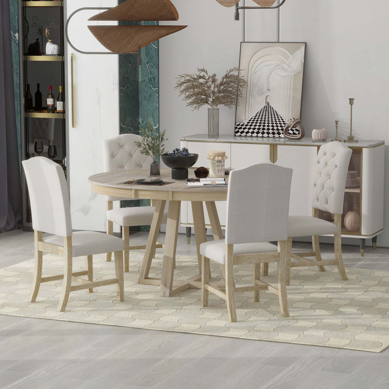 Tonecia 5-Piece Retro Style Functional Extendable Dining Set,Round Table with Leaf+4 Upholstered Chairs, Natural