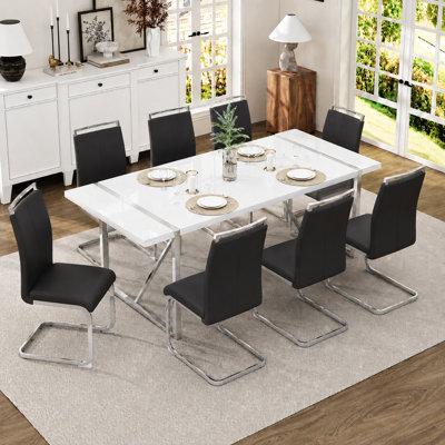 Ensemble de salle à manger 9 pièces moderne en MDF blanc 71 po avec chaises rembourrées en similicuir