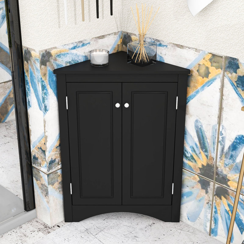 Wood Corner Bathroom Storage Cabinet with Adjustable Shelves, Triangle Design for Small Spaces, Black