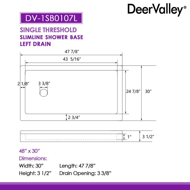 DeerValley 48" x 30" Shower Base in White with Single Threshold, Rectangle Acrylic Alcove Shower Pan for Bathroom,Left Drain Location