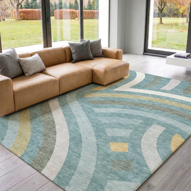 Tapis de qualité supérieure Mid-Century moderne lavable à la machine Premium Mayfield AMF2467, Sarcelle, 5 pi x 7 pi 6 po