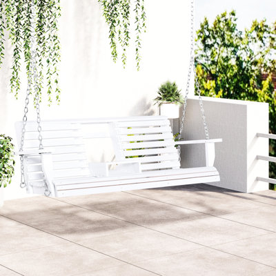 Balancelle de patio blanche 3 avec table basse pliante, porte-gobelets et capacité de charge de 440 lb, balancelle en bois de qualité envoûtante en bois, apparence