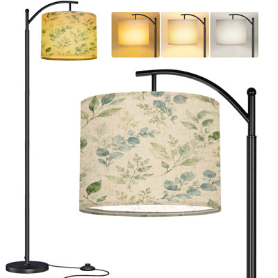  Arc Floor Lamp luxury watercolor leaves seamless design Tall Modern Standing Lamp LED Adjustable Linen Lampshade 3 Color Temperatures