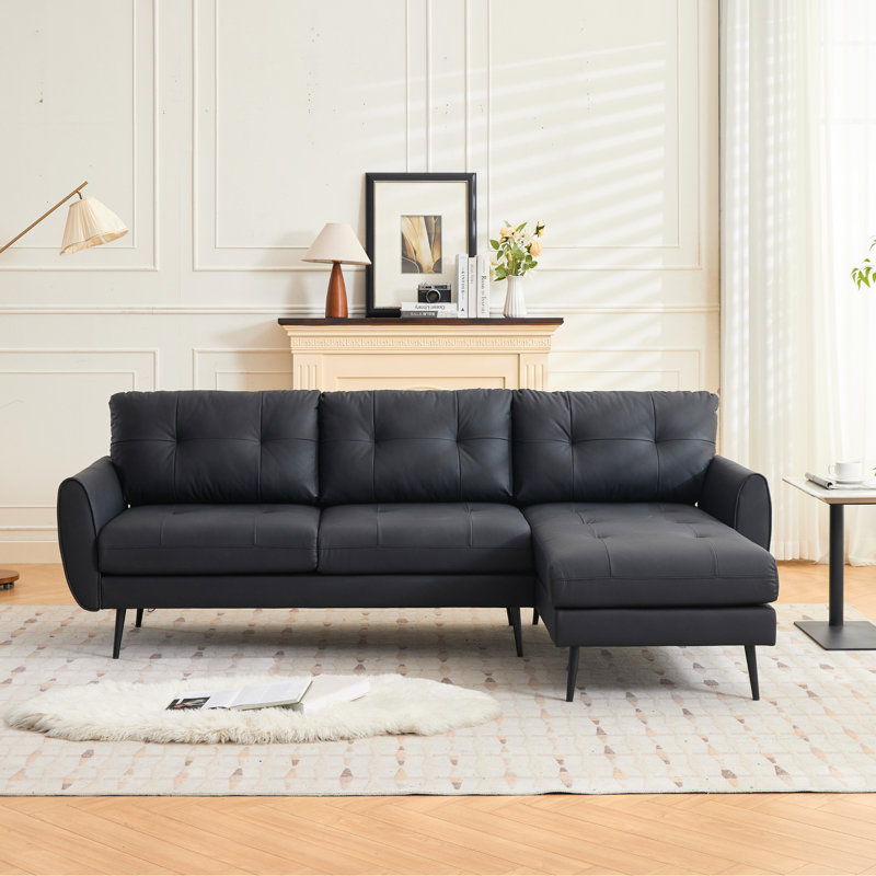 88” W Faux Leather L-Shape Sofa Chaise, Black