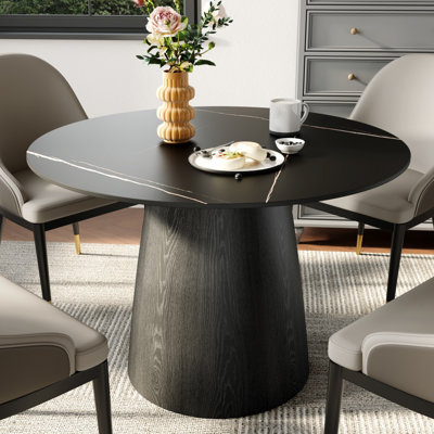 2 - Person Minimalist Round Luxe Sintered Stone Dining Table, Solid Wood Stable Pedestal Base For Kitchen Living Dining Room