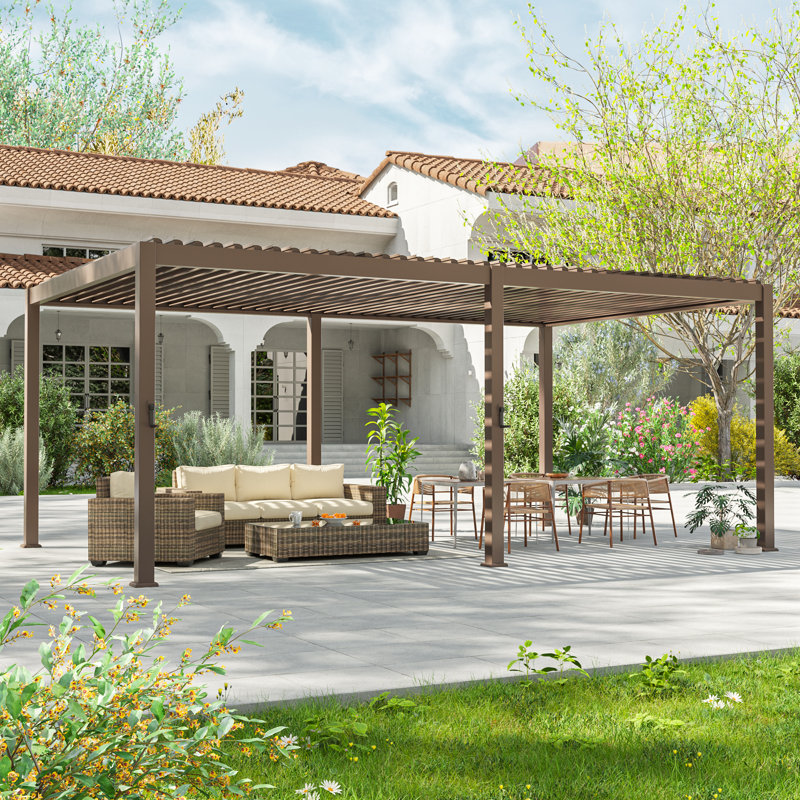 Aluminum Pergola with Louvered Canopy, 12 Ft. x 20 Ft.	, Brown