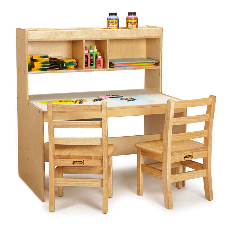 Kids' Dual Writing Desk with Storage Shelves, Light Brown Wood