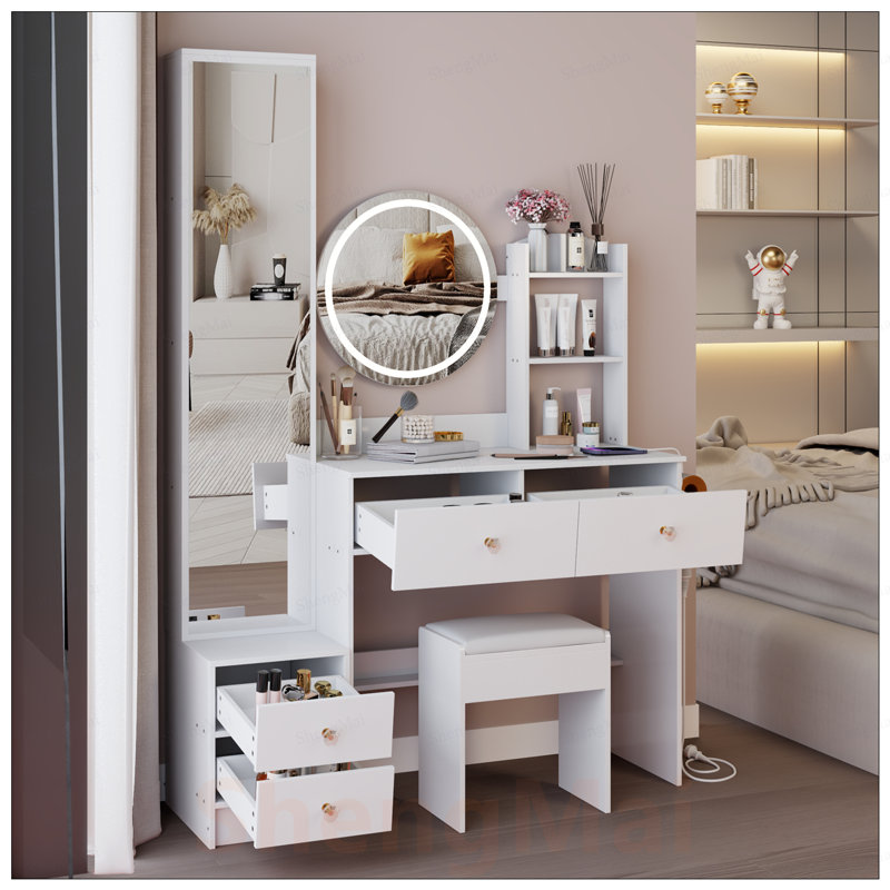 Full Body Mirror Cabinet with LED Vanity Table, Cushioned Stool, and Power Station, Touch Control, Adjustable Brightness, Large Desktop