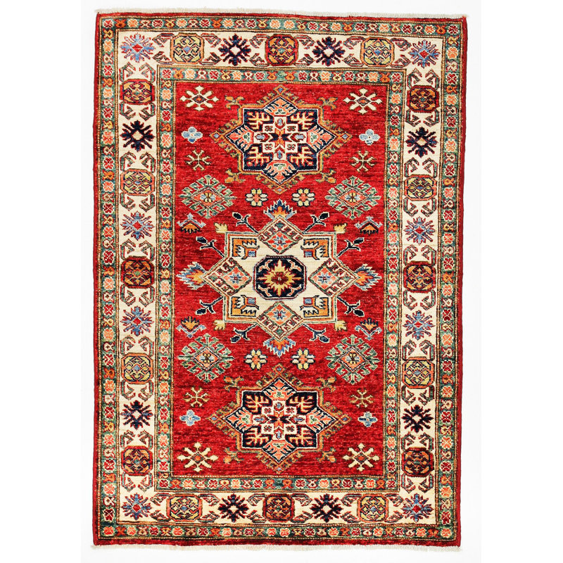 Tapis rouge / ivoire en laine New Age 3 pi 3 po x 5 pi Tribal One-of-a-Kind