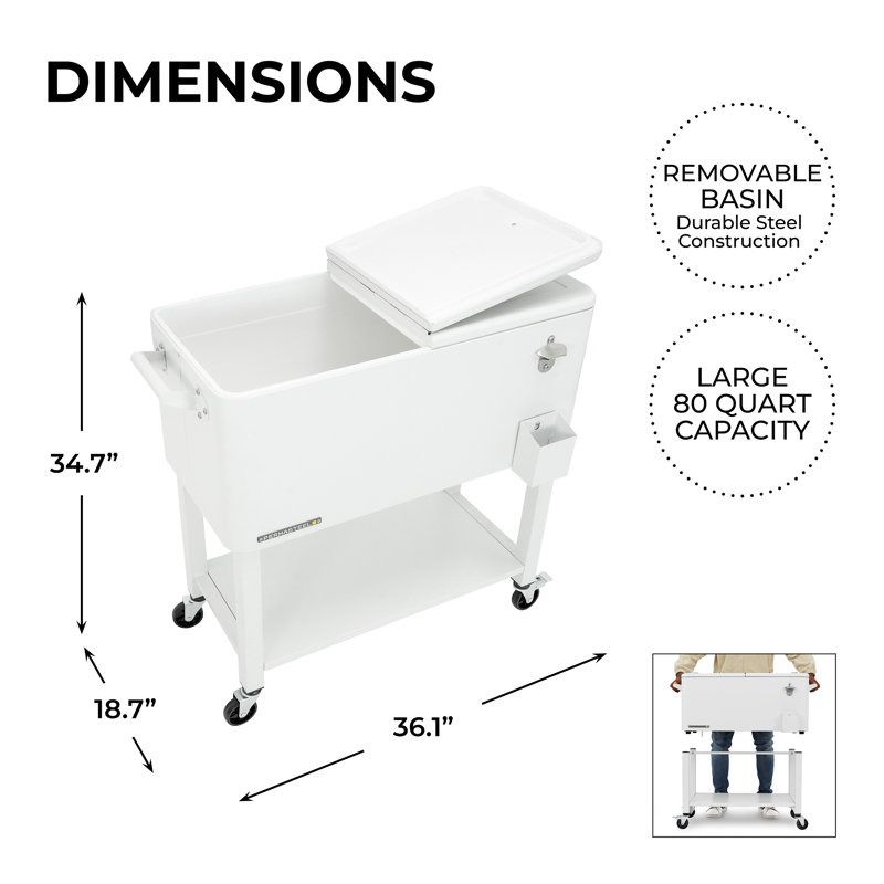 White Powder-Coated Steel 80-Quart Rolling Outdoor Patio Cooler with Wheels