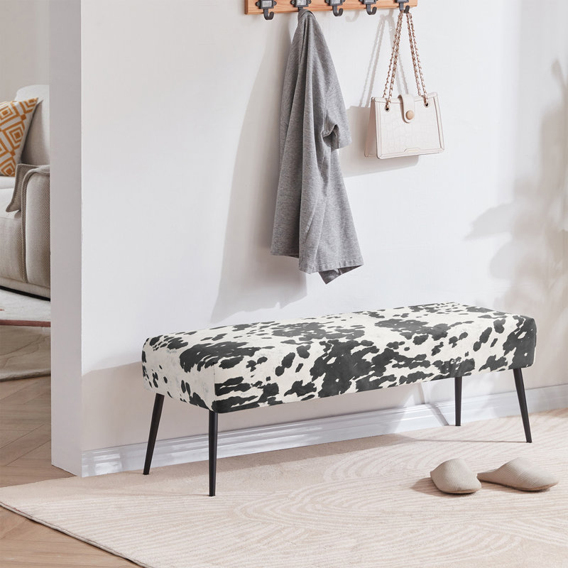 Modern Cowhide Pattern Upholstered Entryway Accent Bench, Black