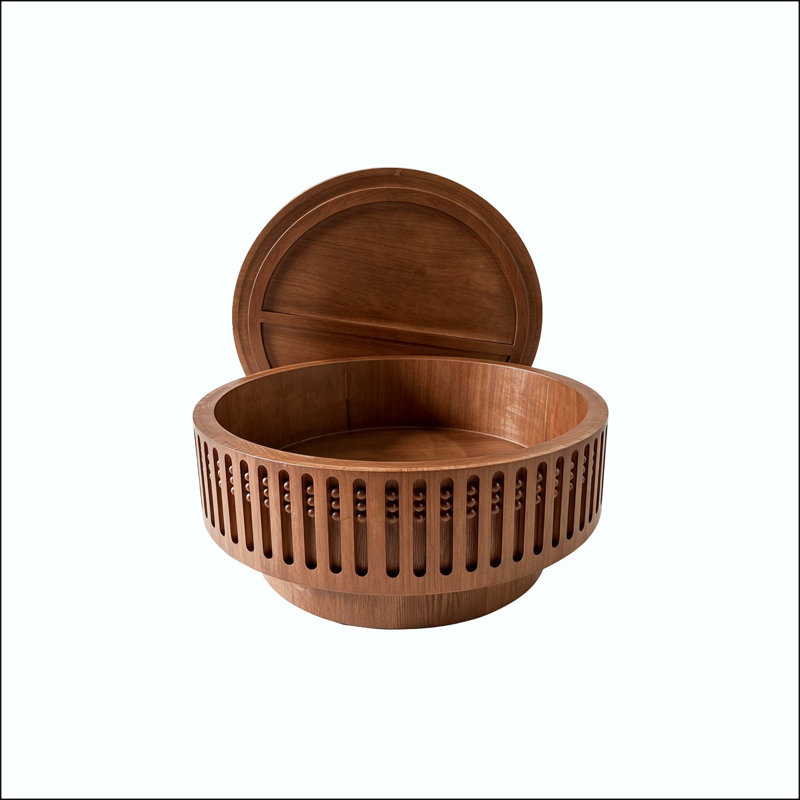 Table basse ronde à structure ajourée avec couvercle rabattable et rangement de style bohème