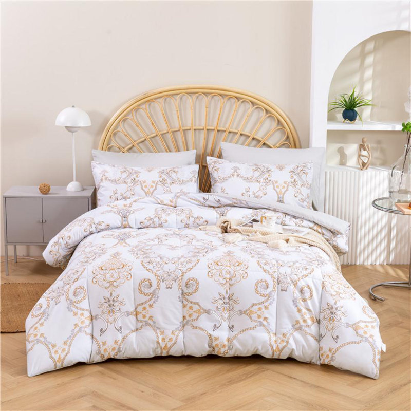 Ensemble d'édredon 3 pièces, Grand édredon + 2 taies d'oreiller standard, Blanc / damas brun
