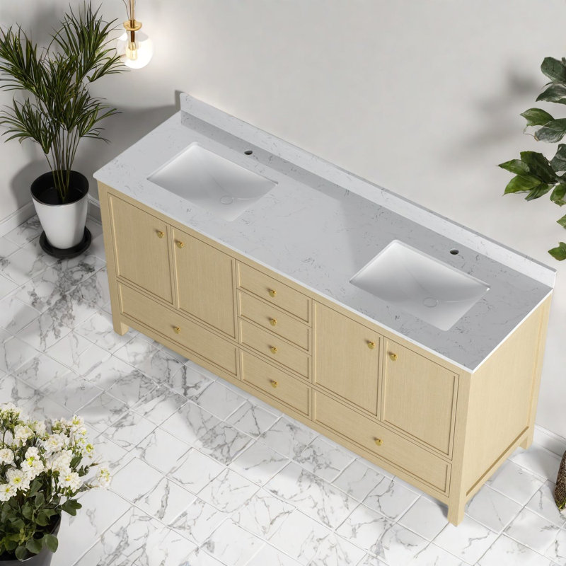 Meuble-lavabo moderne en bois de chêne avec lavabos doubles, rangement spacieux pour les salles de bain familiales