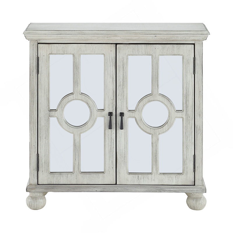 Armoire de rangement classique avec portes miroir et poignées suspendues pour le salon ou la chambre à coucher, Blanc antique