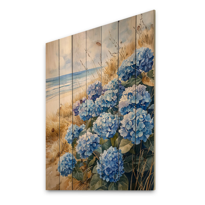 Hydrangeas By The Seaside I - Hydrangea Wood Wall Decor - On Natural Pine Wood, 20" H x 10" W x 0.78" D