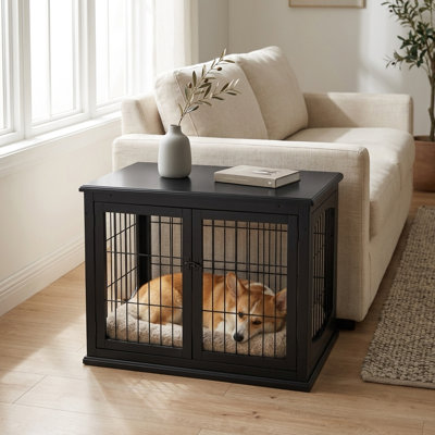 Meuble pour cage de chien, petite cage de 81 cm avec table d'appoint, 2 portes, porte verrouillable, niche d'intérieur pour chiot, noir