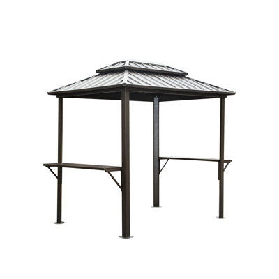 Grill Gazebo 8' 6', Metal Frame With Double Roof And 2 Practical Outdoor Activity Shelves - Brown Metal, Roof, For Storage