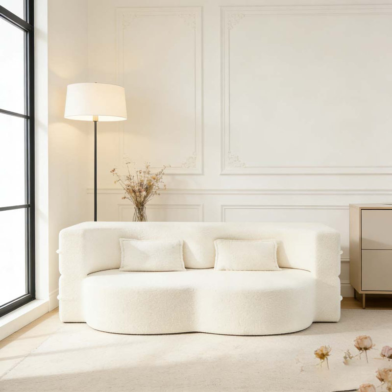 Canapé moderne avec 2 coussins, Teddy, Beige / Blanc