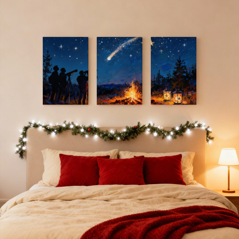 Ensemble de 3 toiles murales « Ciel étoilé avec météore et feu de camp » pour salon, chambre ou espace extérieur.