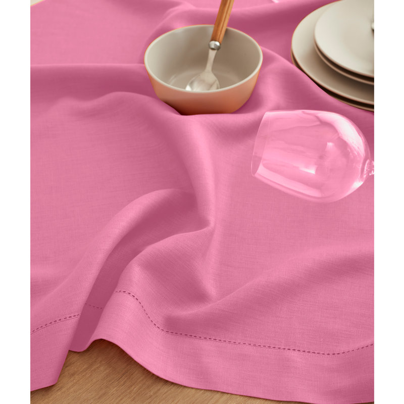 100% Pure Linen Hemstitch Table Cloth - Classic Hemstitch, Flamingo Pink, 90" x 60"